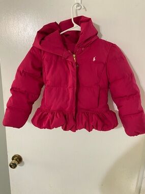 Ralph Lauren Pink Puffer Jacket with Ruffle Hem